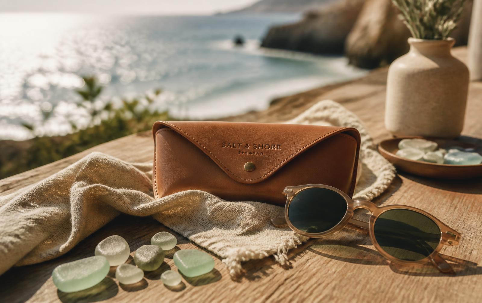 Renvox Ventures eyewear case, linen and sea glass on a sunlit table above the ocean