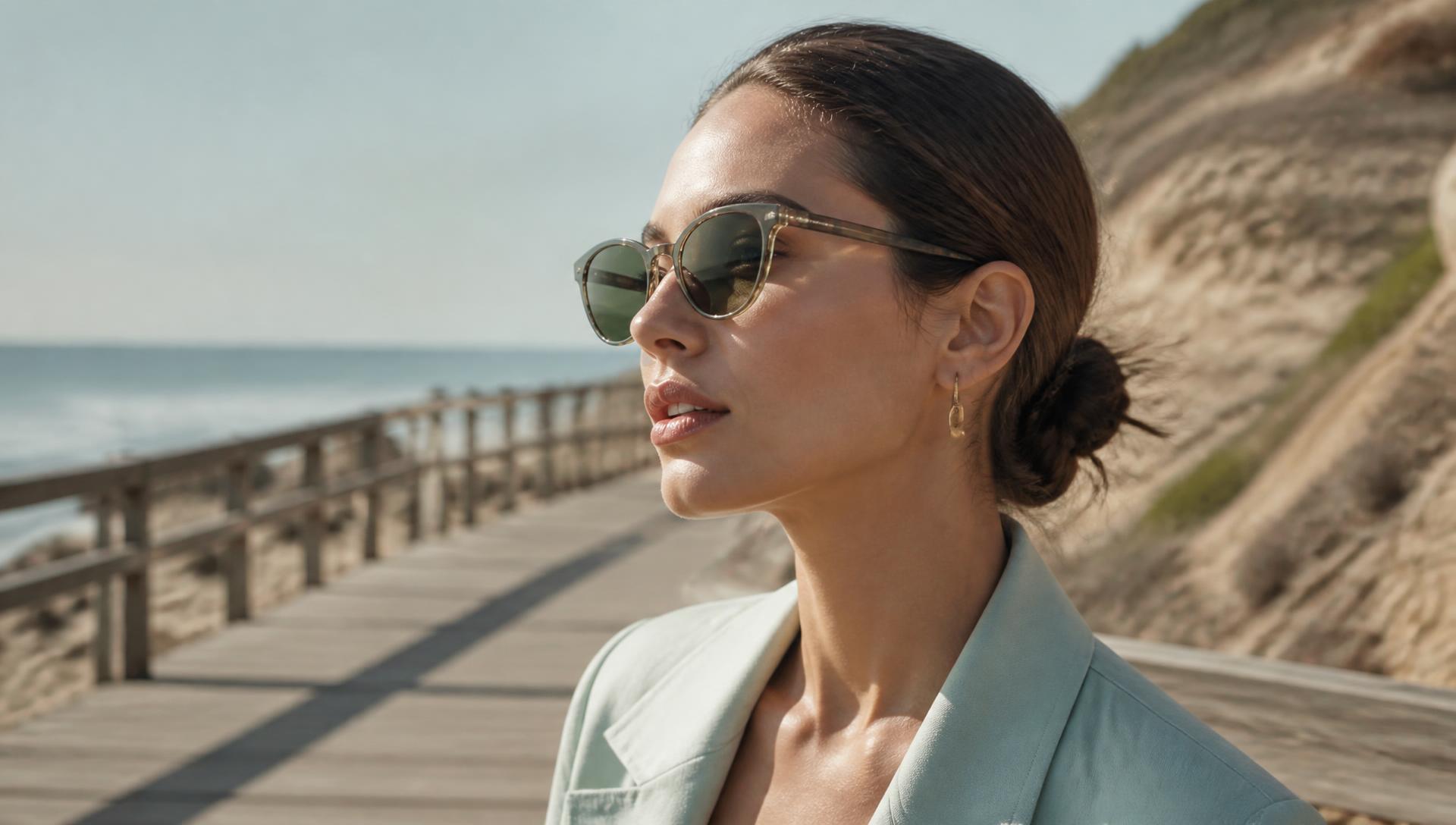 Woman on a coastal boardwalk wearing Renvox Ventures tinted sunglasses